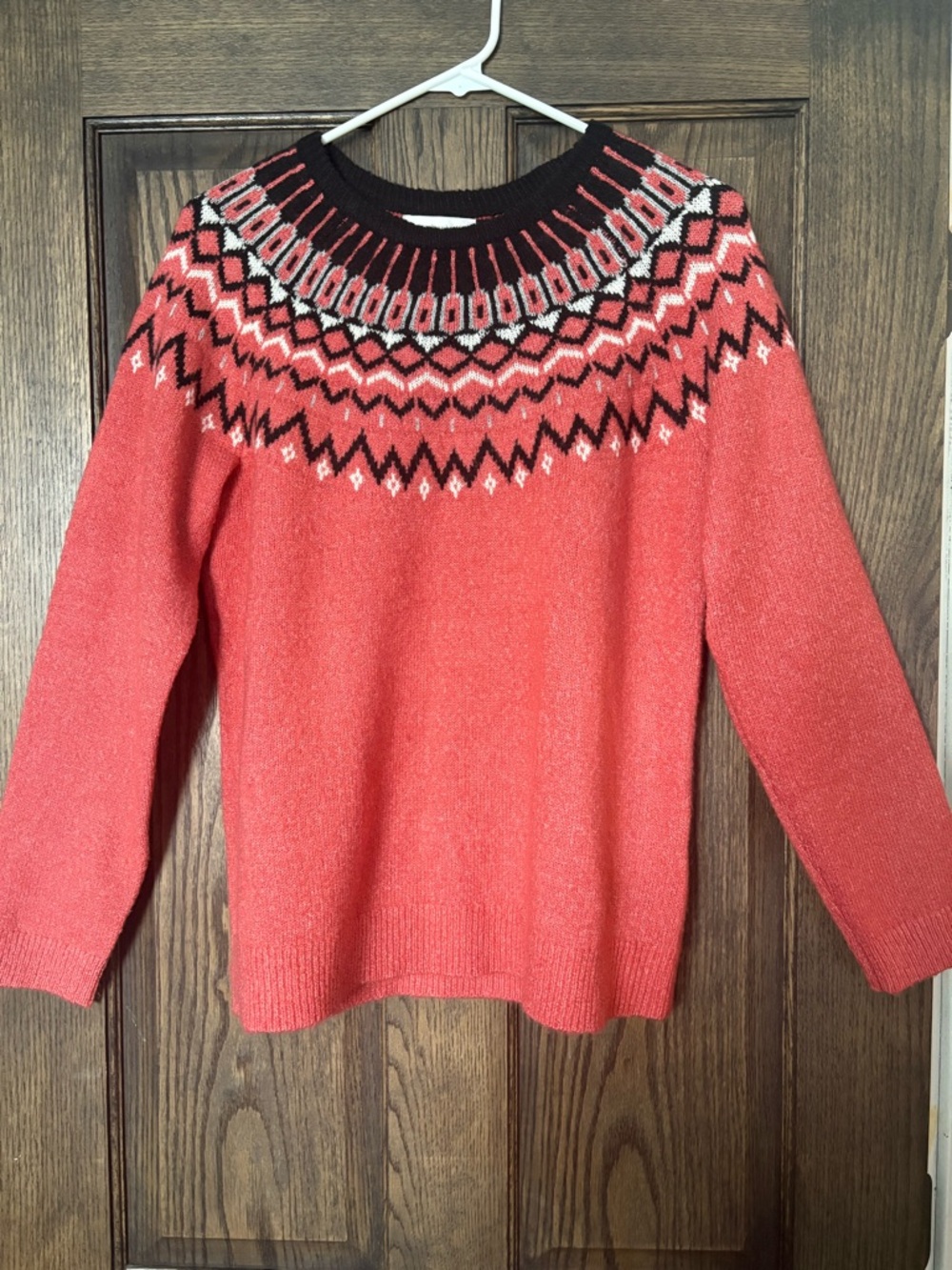 Christopher & Banks Coral Crewneck Sweater with Fair Isle Yoke